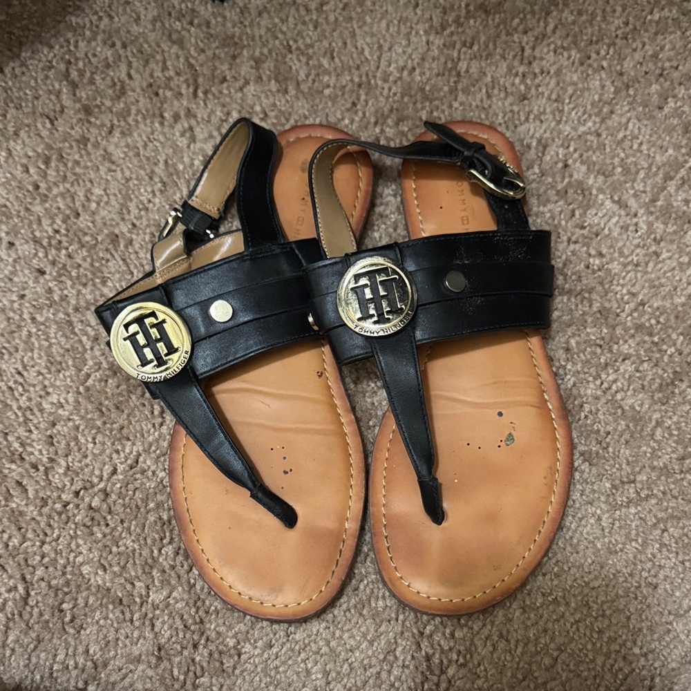 Tommy Hilfiger Black Sandals with Gold Emblem